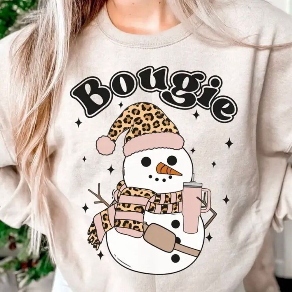 NEW Bougie Snowman Sweatshirt," a graphic crewneck designed for the winter/holid